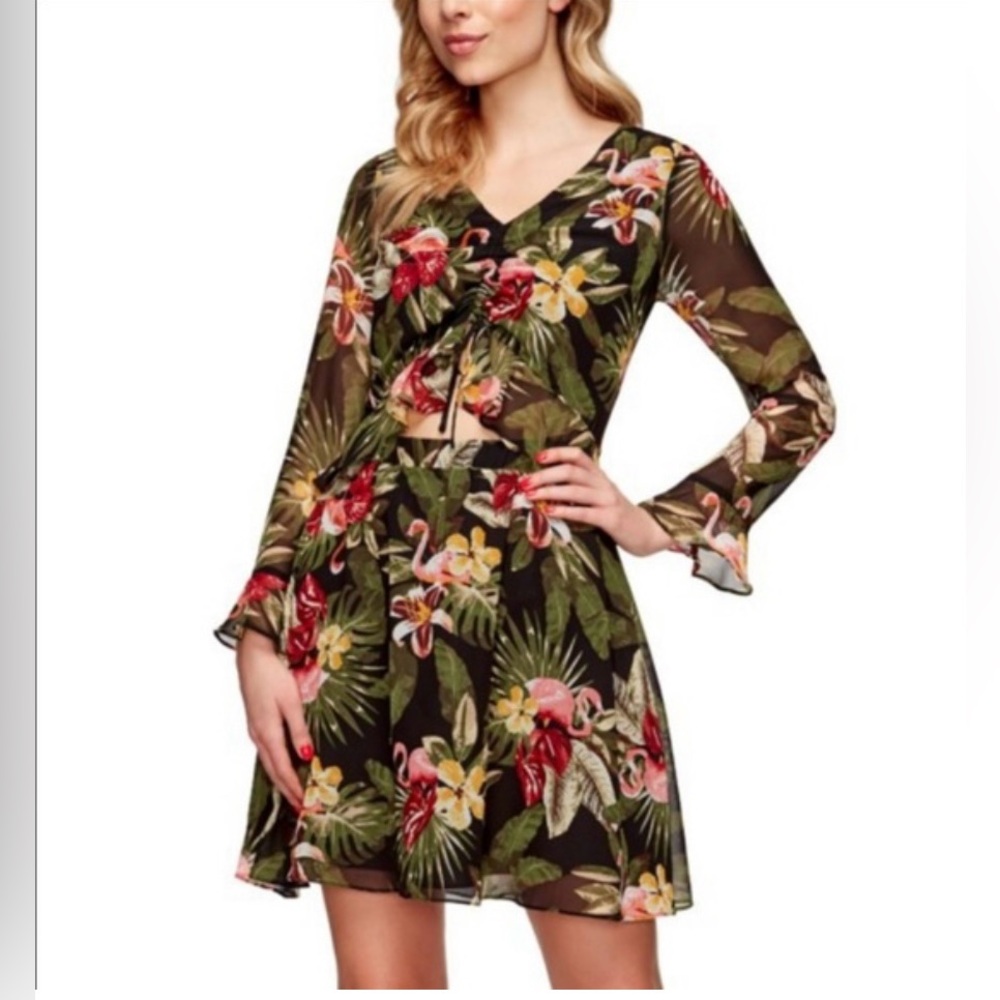 Women’s Sam Edelman Long Trumpet Sleeve Dress in Tropical Flamingo Design